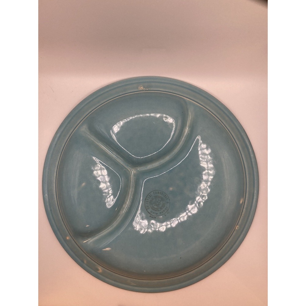 Vintage Universal Cambridge teal 10.5" Ceramic MCM Divided Plate USA